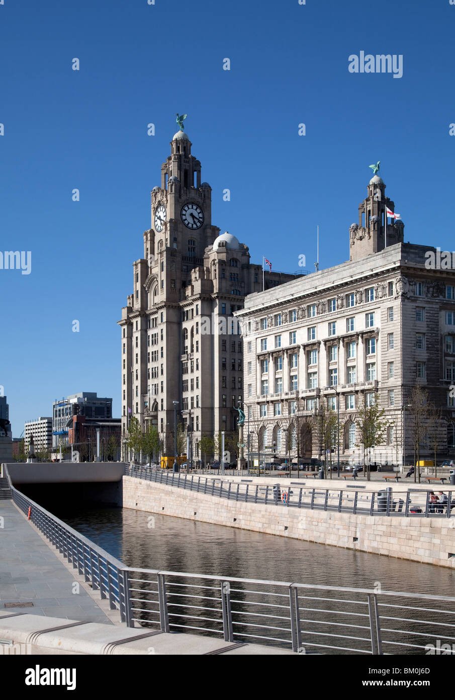 Royal Liver Building e Cunard Building con nuovo Leeds Liverpool canal estensione in primo piano, Liverpool, in Inghilterra Foto Stock