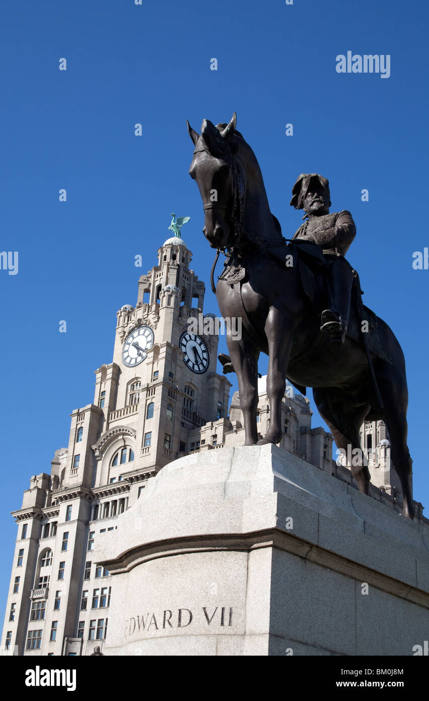 Statua di Edward VII e il Royal Liver Building, Liverpool, in Inghilterra Foto Stock