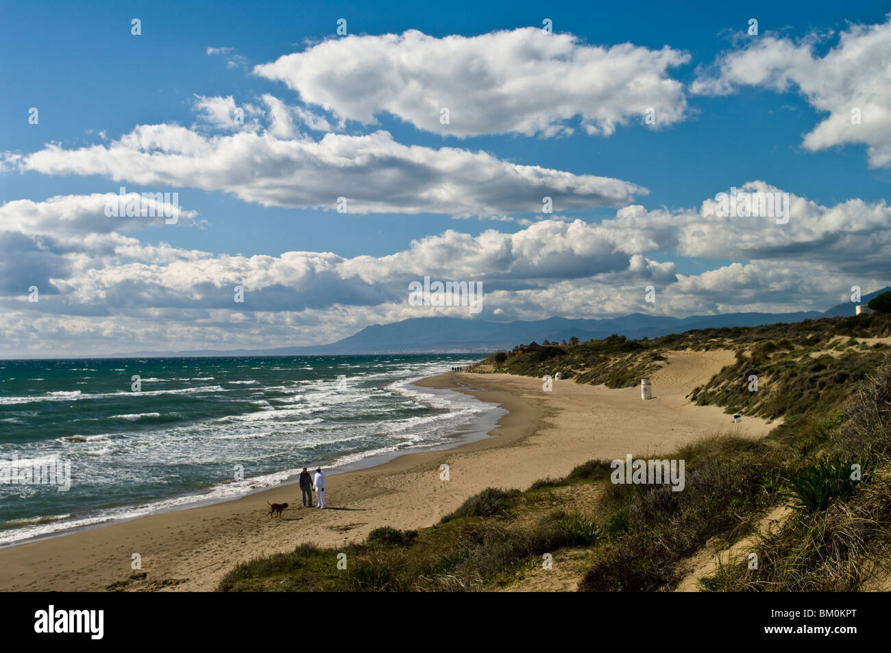 Giovane a piedi il loro cane su una soleggiata giornata di febbraio a Playa Artola, Cabopino, Andalusia, Spagna Foto Stock