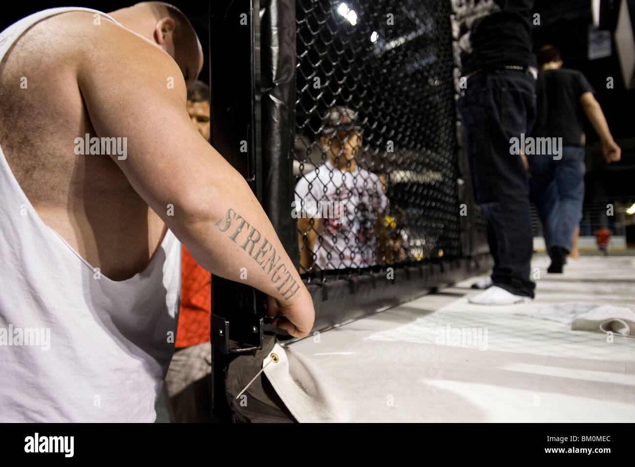 Close-up di uomo assemblaggio di mixed martial arts (MMA) gabbia. Foto Stock