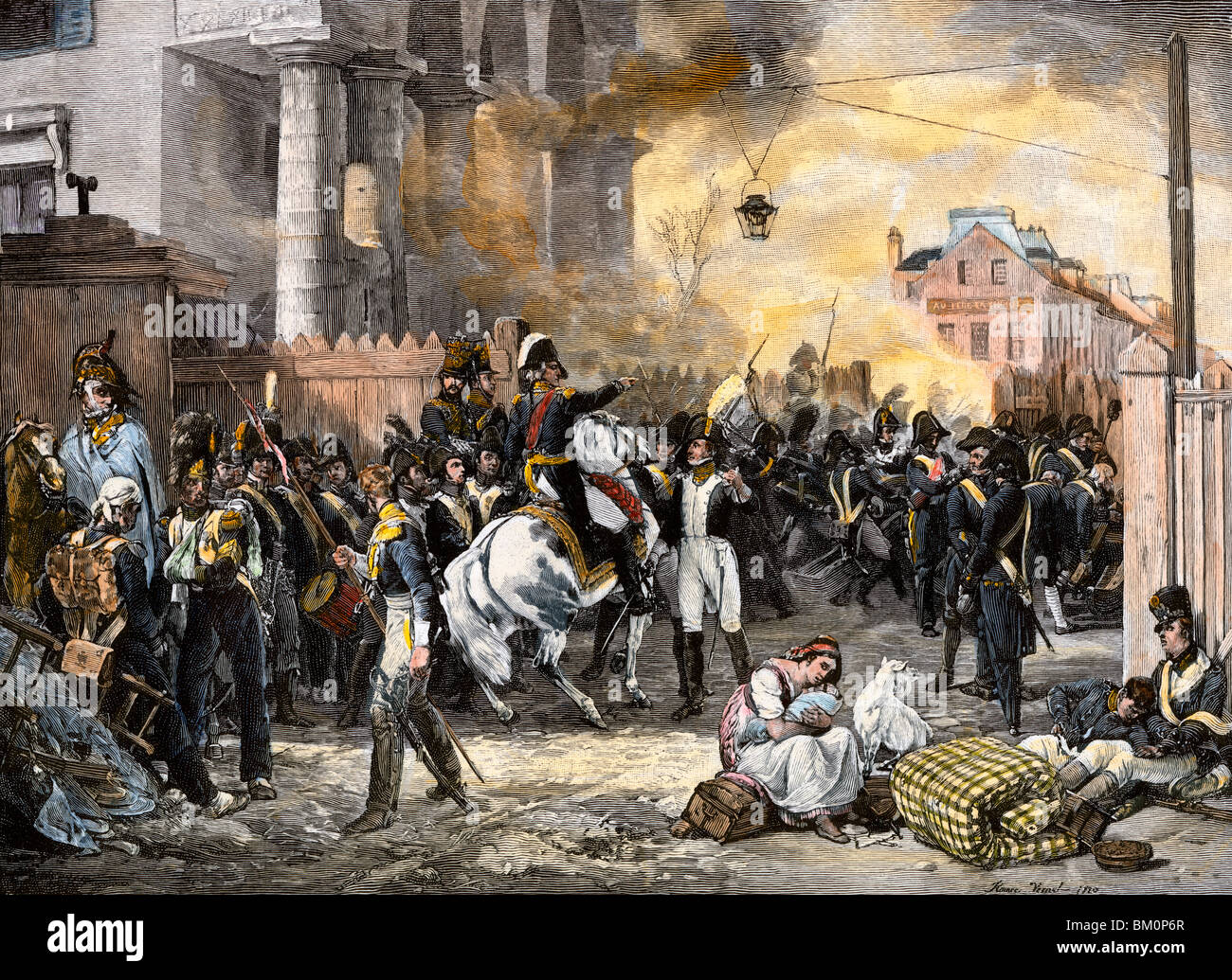 Napoleone Bonaparte, forze che lottano dietro barricate per difendere Parigi,1814. Colorate a mano la xilografia Foto Stock