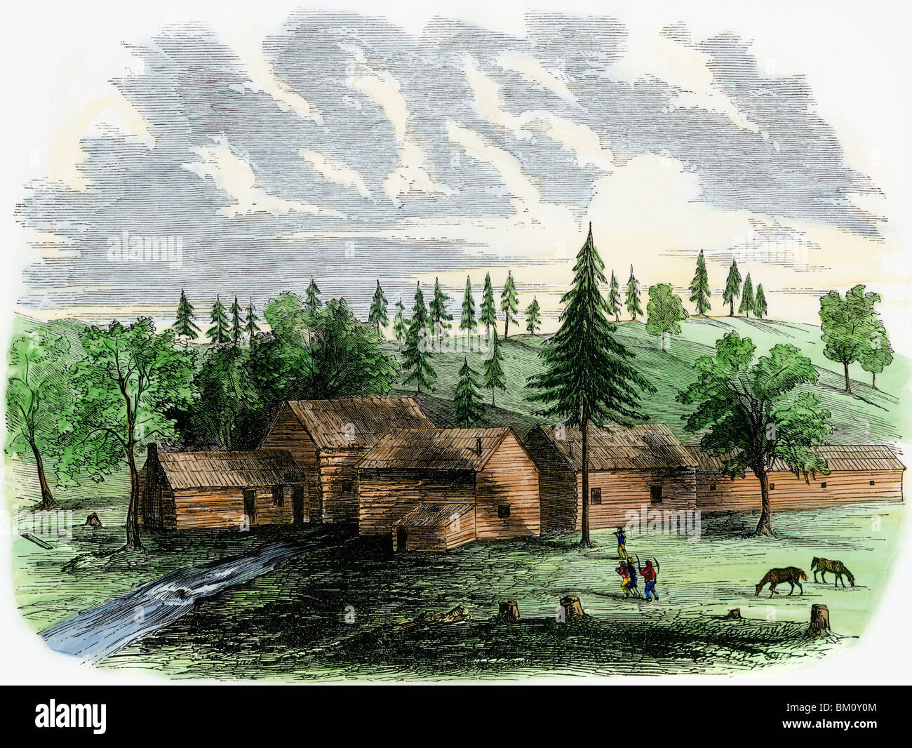 Minatore della camp nel burrone di Boston, ora chiamato Grass Valley, durante la California Gold Rush, 1850s. Colorate a mano la xilografia Foto Stock