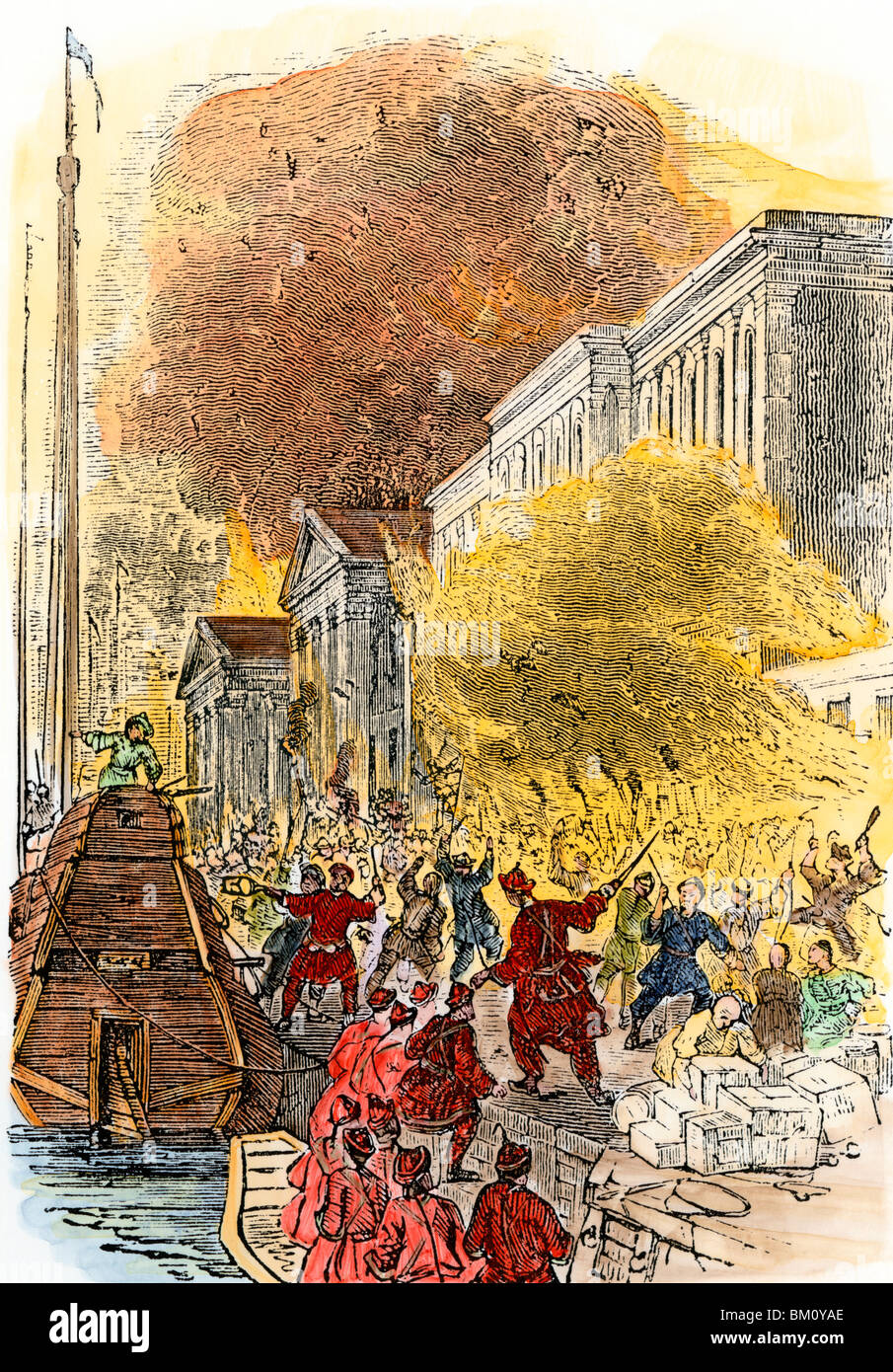 Rivoltosi cinesi bruciare i depositi britannici durante la Seconda Guerra di oppio, 1850s. Colorate a mano la xilografia Foto Stock