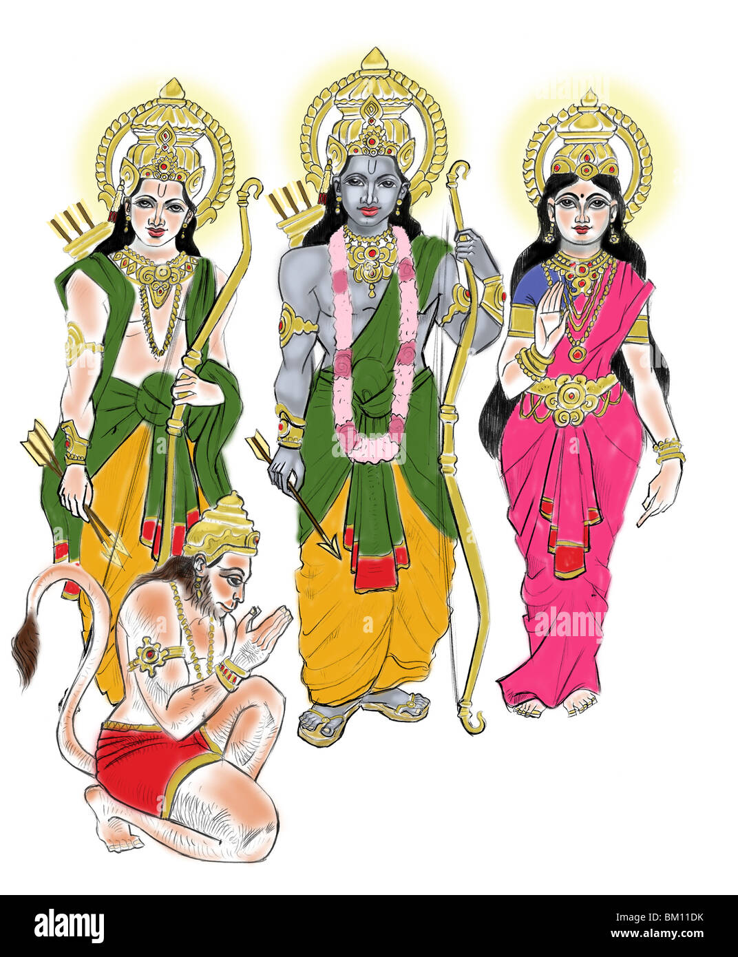 Signore Rama e la Dea Sita con Lakshmana e signore Hanuman Foto Stock