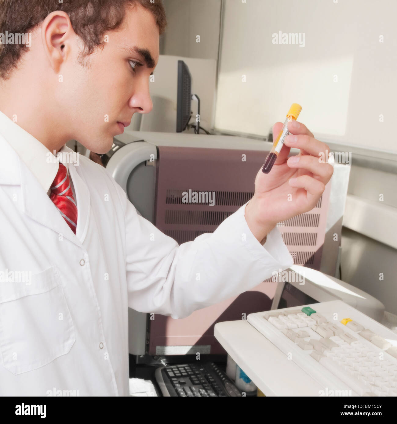 Tecnico di laboratorio analisi di un campione di sangue in un tubo di prova Foto Stock