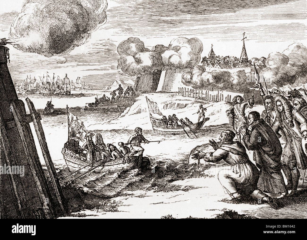 Re Giacomo II sbarcò a Kinsale, in Irlanda, il 14 marzo 1689, nel tentativo di recuperare il trono inglese. Il suo arrivo portò alla battaglia del Boyne e alla sua sconfitta da parte di Guglielmo III Giacomo II d'Inghilterra, dal 1633 al 1701. Re d'Inghilterra e d'Irlanda, e come Giacomo VII, di Scozia. Dopo una stampa contemporanea di Pieter Pickaert. Foto Stock