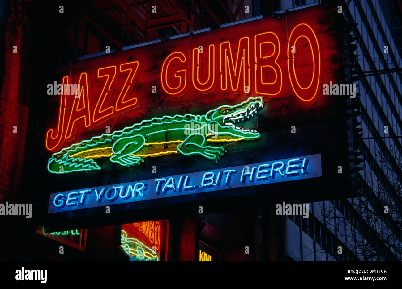 Insegna al neon di Gumbo Jazz su un negozio, New Orleans, Louisiana, Stati Uniti d'America Foto Stock