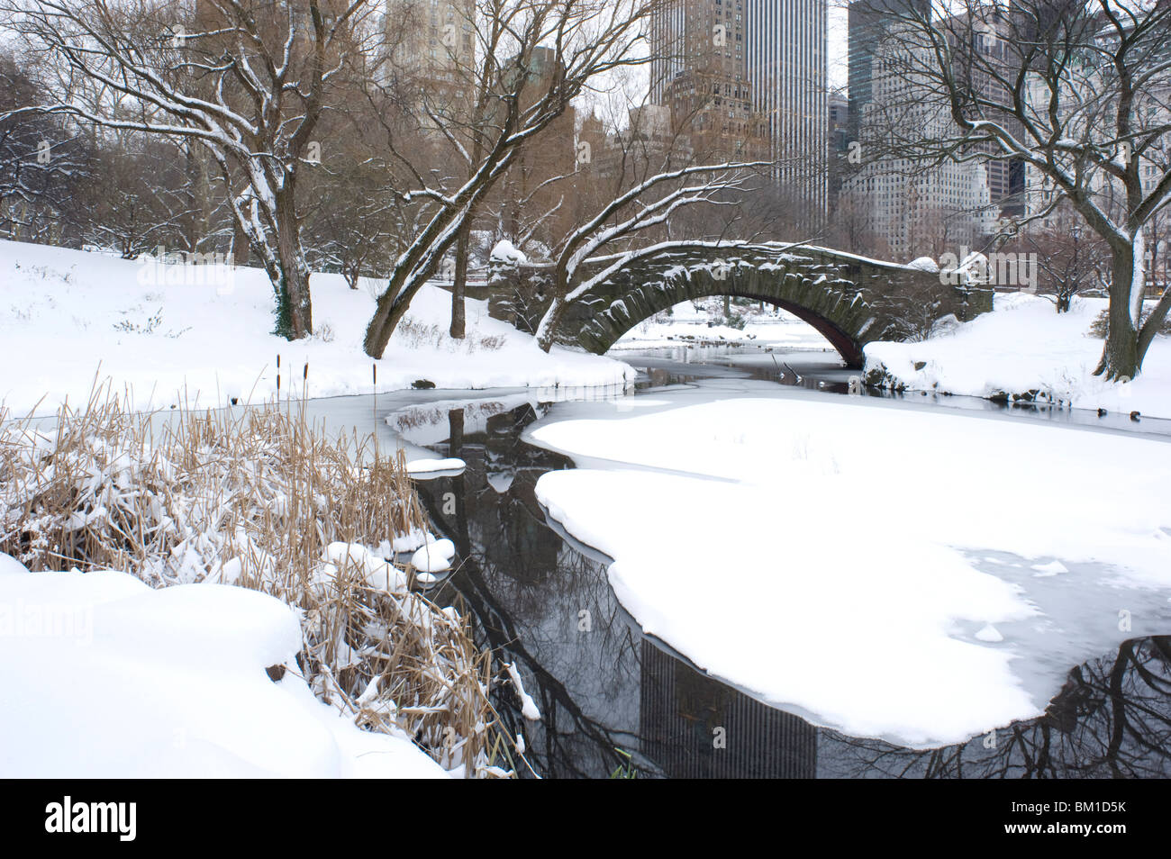 Il Gapstow Bridge in mattina presto dopo una nevicata nel parco centrale, nello Stato di New York, New York City, Stati Uniti d'America Foto Stock