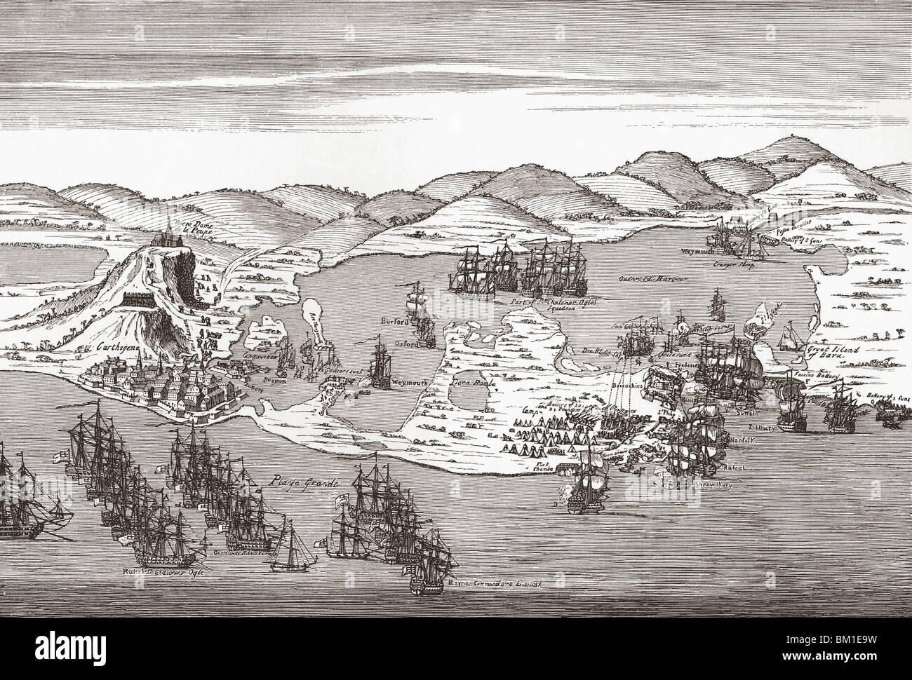 Azione navale di Cartagena de Indias, Colombia nel 1741. Foto Stock