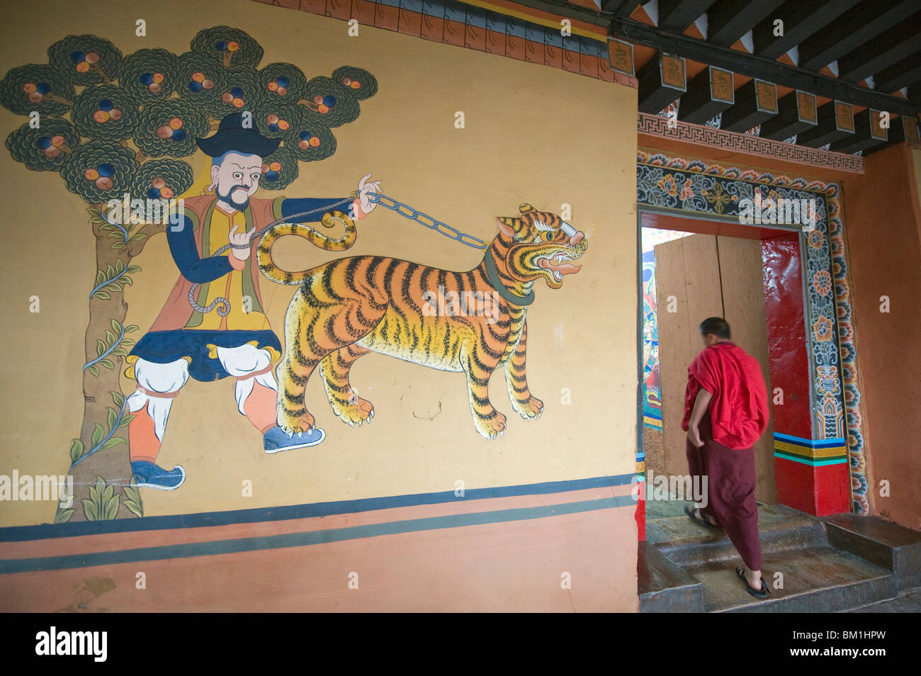 Un monaco passeggiate passato una tigre dipinto a paro Rinpung Dzong risalente al 1644, Paro, Bhutan, Asia Foto Stock