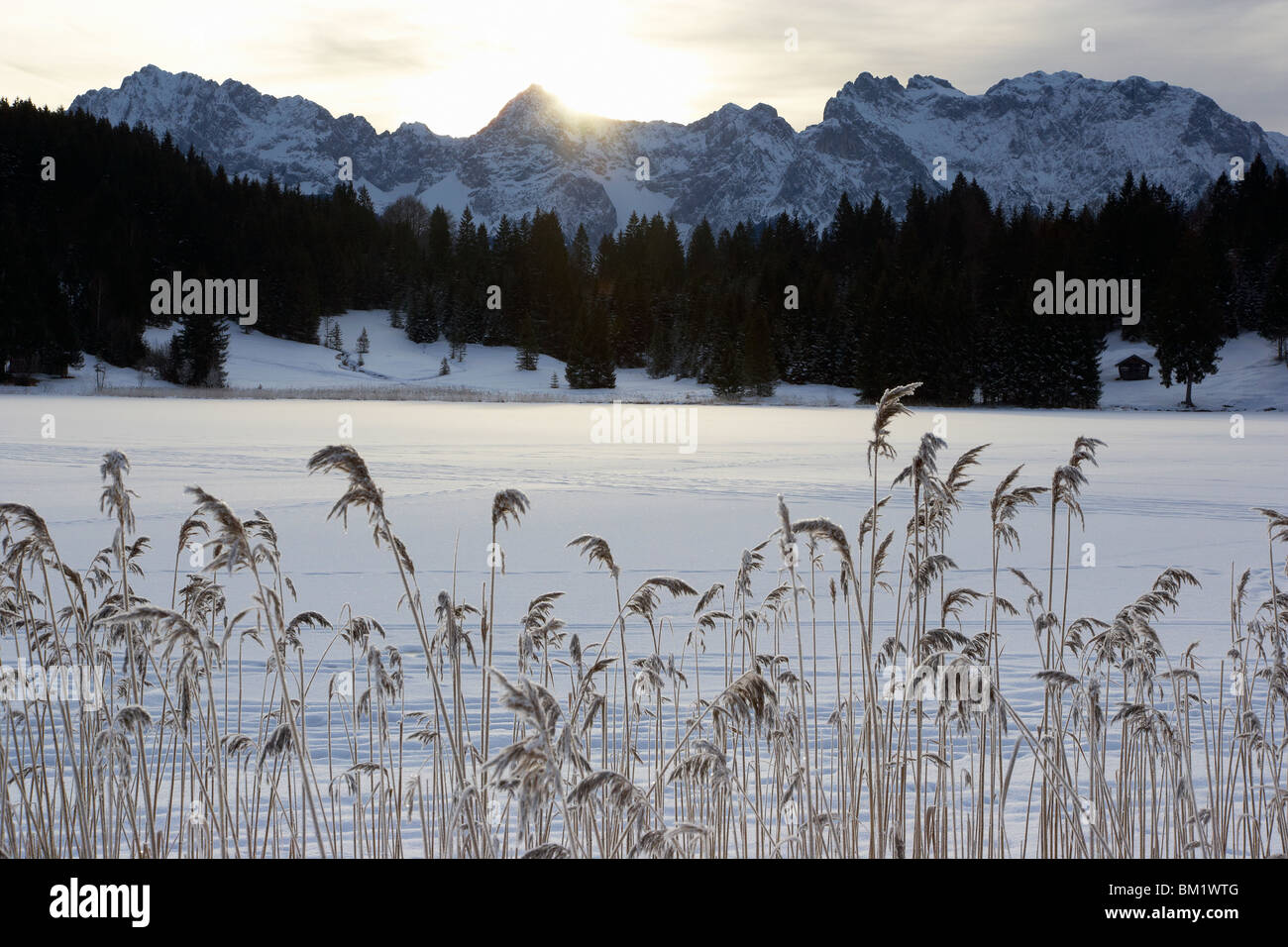 Montagna Karwendel gamma al sorgere del sole in inverno Foto Stock
