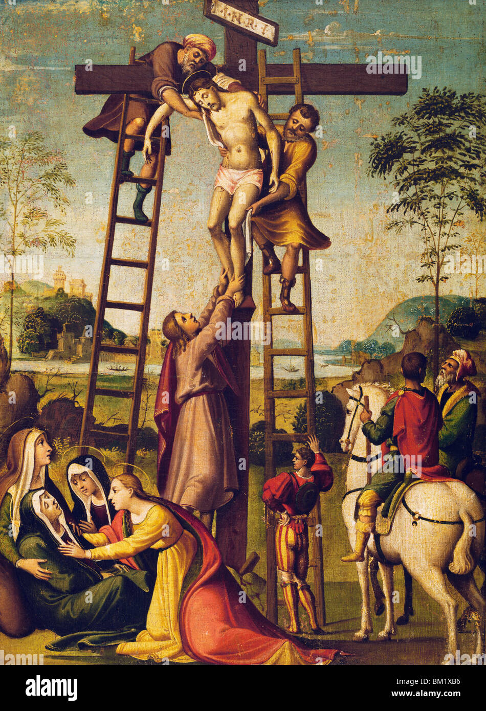 Discesa dalla Croce, scuola senese, olio su tela, XVI secolo, Italia, Toscana, Volterra, Pinacoteca Foto Stock
