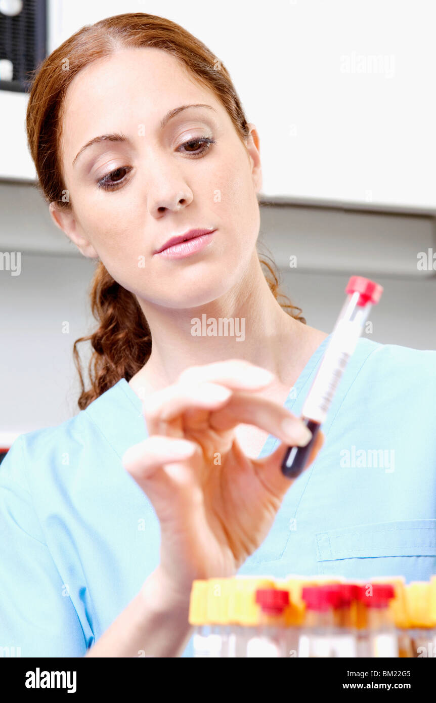 Femmina tecnico di laboratorio azienda campione di sangue in un tubo di prova Foto Stock