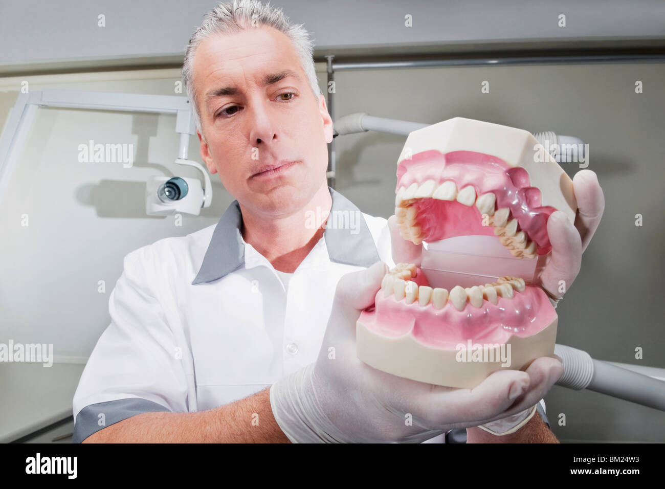 Dentista tenendo una serie di protesi Foto Stock