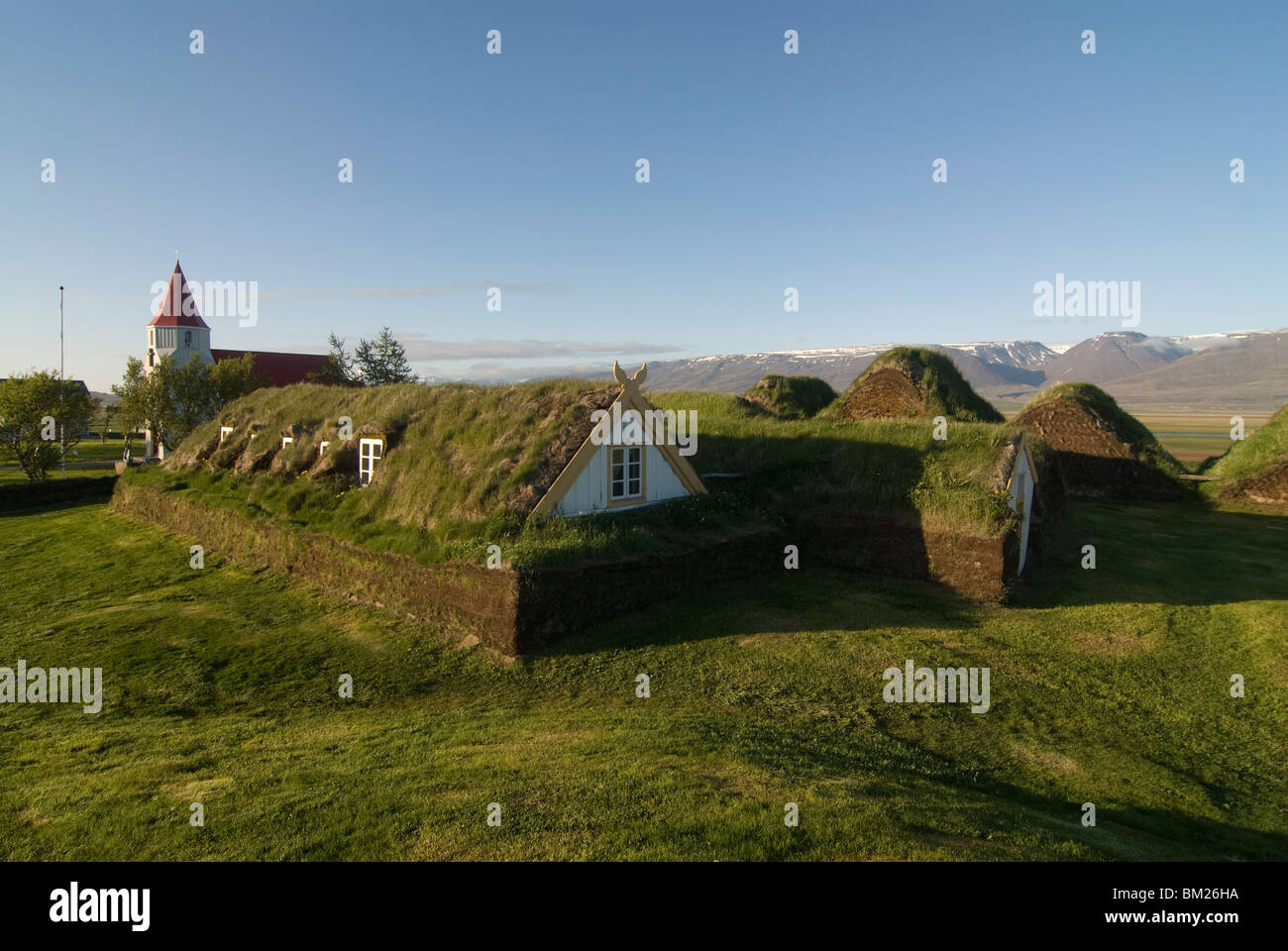 Tappeto erboso tradizionali case a Glaumbaer, Islanda, regioni polari Foto Stock