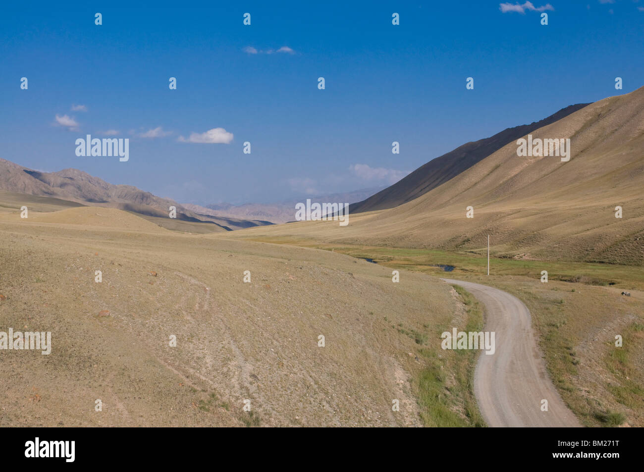 Paese strada nel deserto vicino a Song Kol, Kirghizistan, Asia centrale Foto Stock