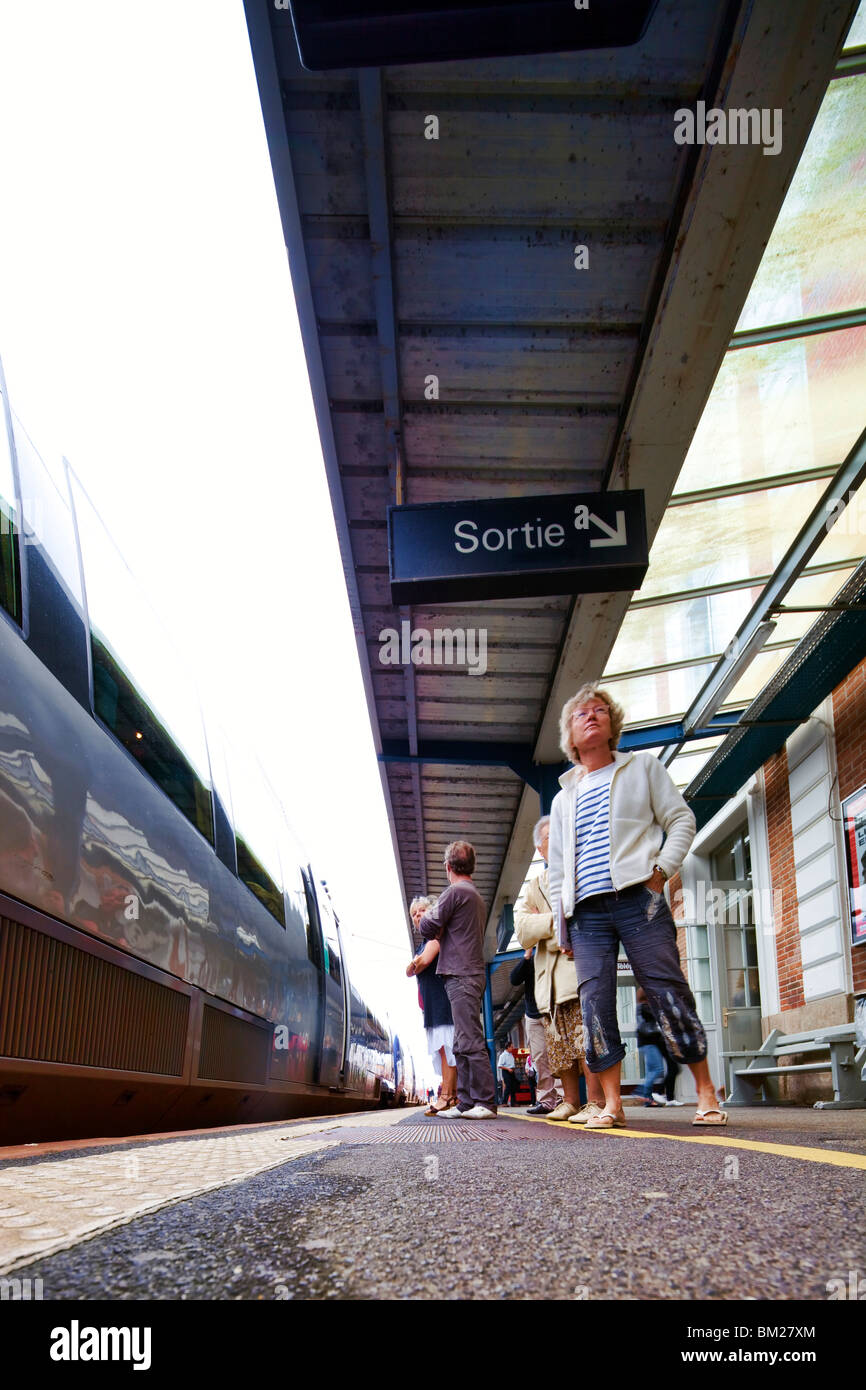 Treno che passa, con la Stazione Ferroviaria della città di Vannes, departament del Morbihan, regione della Bretagna, Francia Foto Stock