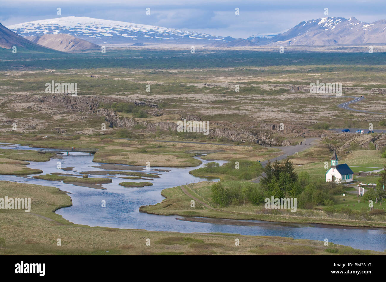 Chiesa nel paesaggio del lago, Pingvellir, Islanda, regioni polari Foto Stock