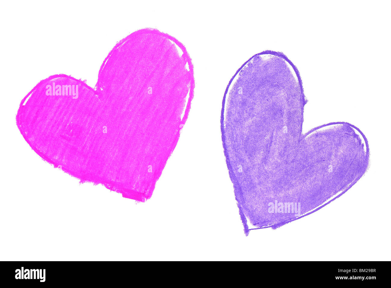 Colorato dipinto a mano cuore forme disegnare su un fondo bianco Foto Stock