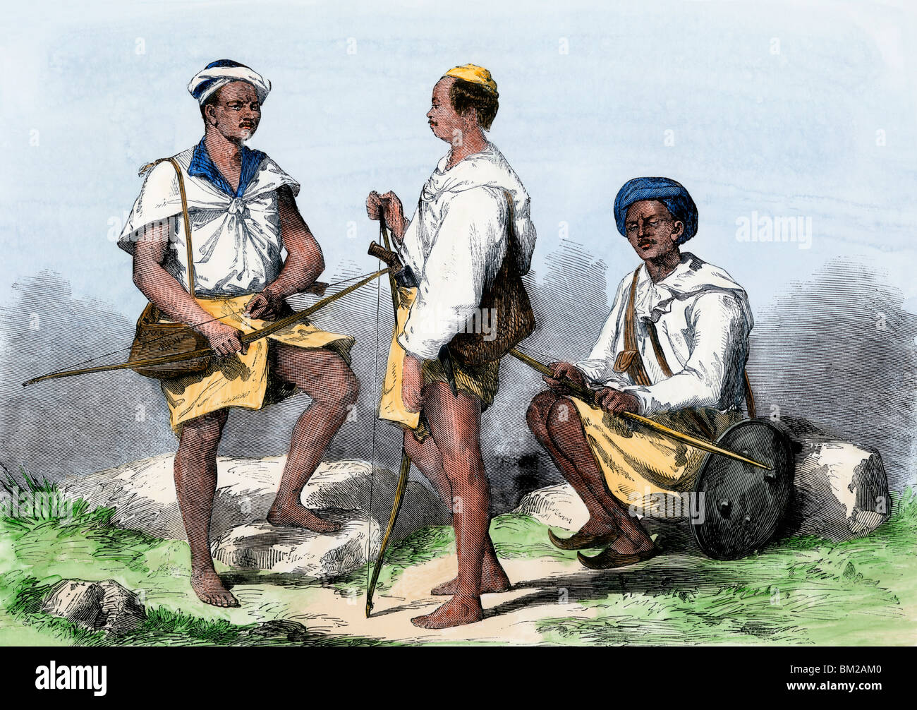 Goorkahs serve nel British militari durante Sepoy Mutiny, India, 1850s. Colorate a mano la xilografia Foto Stock