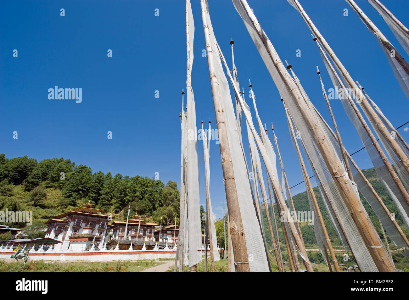 Orazione funebre bandiere a Kurjey Lhakhang tempio costruito nel 1652 da Mingyur Tenpu, Jakar, Bumthang, Chokor Valley, Bhutan Foto Stock