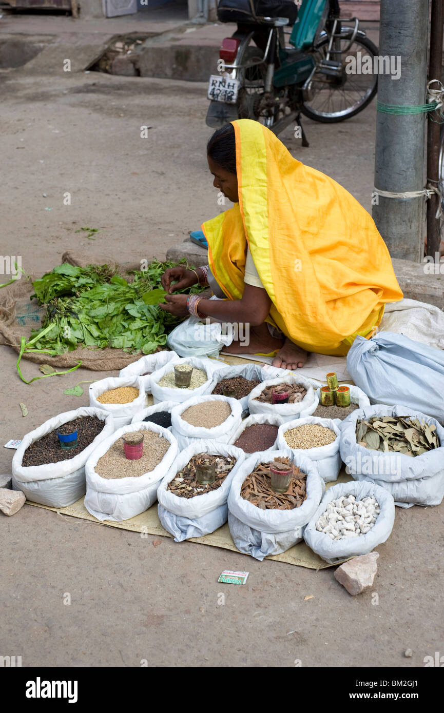 Street Venditore di spezie in giallo sari, Jaipur, Rajasthan, India Foto Stock