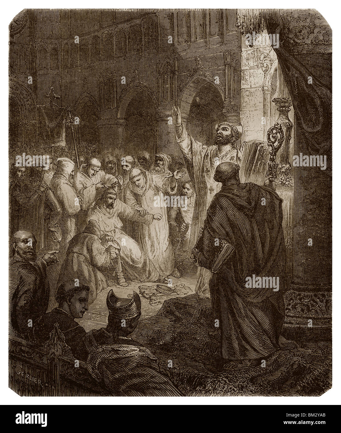 In 752, la deposizione di Childeric III, ultimo re della dinastia dei Merovingi, da Pipino III il Breve, sindaco del palazzo. Foto Stock