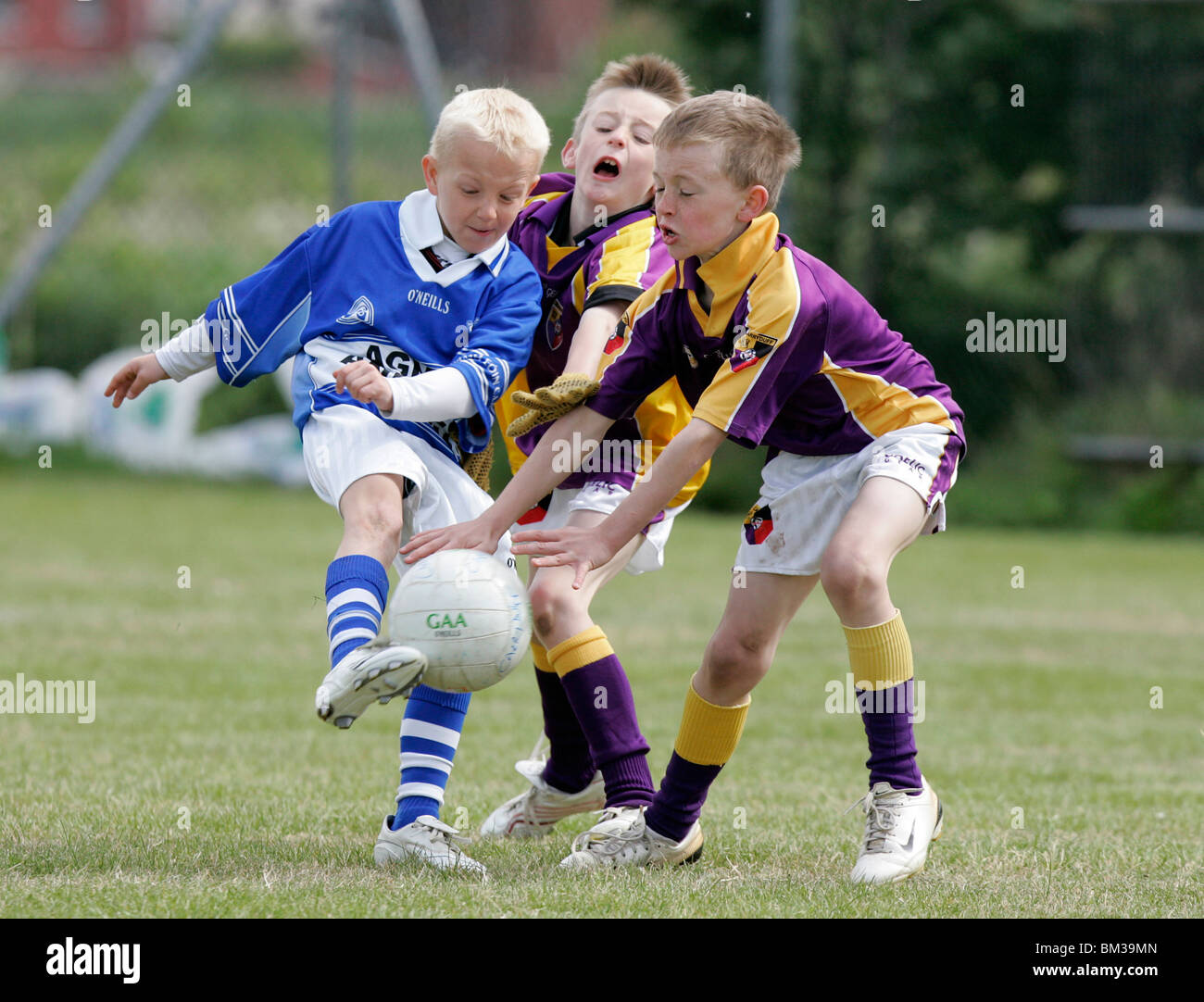 Azione da belfast junior gaa scolari Irish Football Tournament giovani che giocano a calcio gaelico Foto Stock