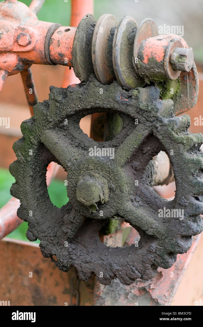 Vite senza fine e l'ingranaggio cilindrico a denti dritti marcia cog cog ingegneria meccanica Ingegnere dente ingegnerizzati denti ingranano in presa di ingranamento colata colato il metallo M Foto Stock