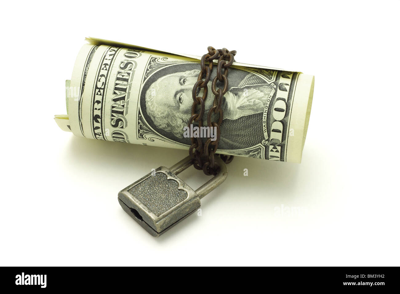Dollari USA incatenati e bloccato su sfondo bianco Foto Stock