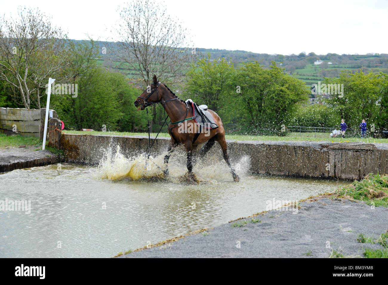 Rider la caduta di un cavallo in acqua Foto Stock