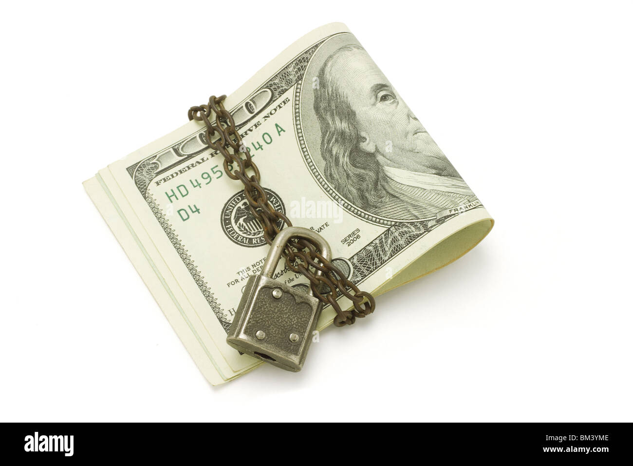 100 dollari US incatenati e bloccato su sfondo bianco Foto Stock