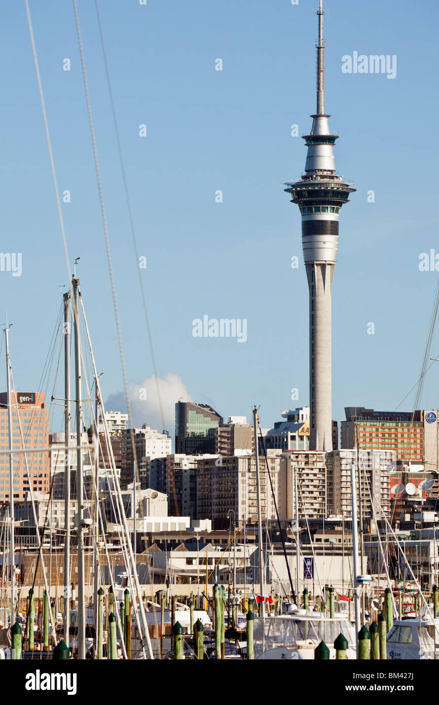 Vista la Sky Tower dal Westhaven Marina. Auckland, Isola del nord, Nuova Zelanda Foto Stock