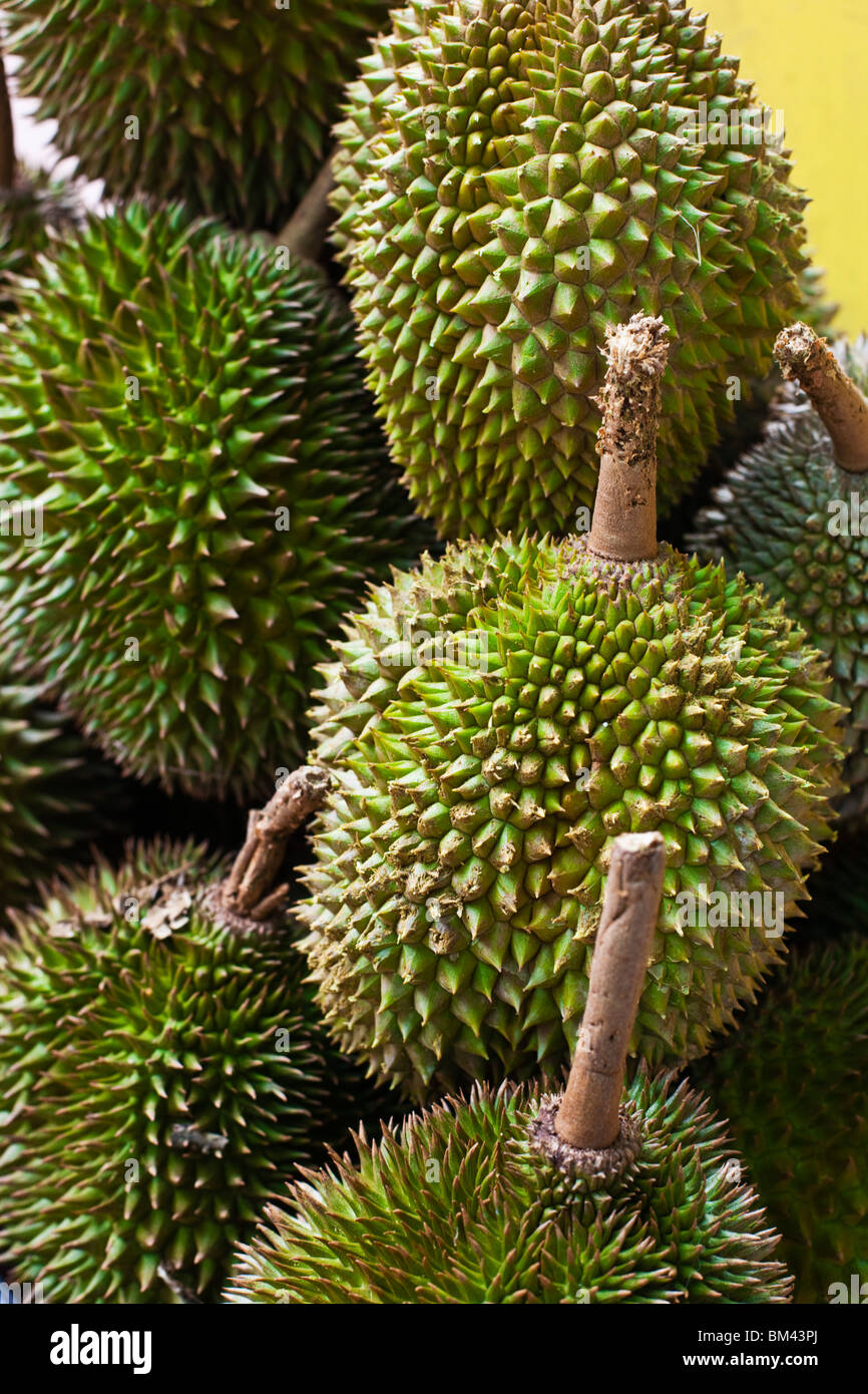 Durians (frutta tropicale) per la vendita in mercati, Singapore Foto Stock