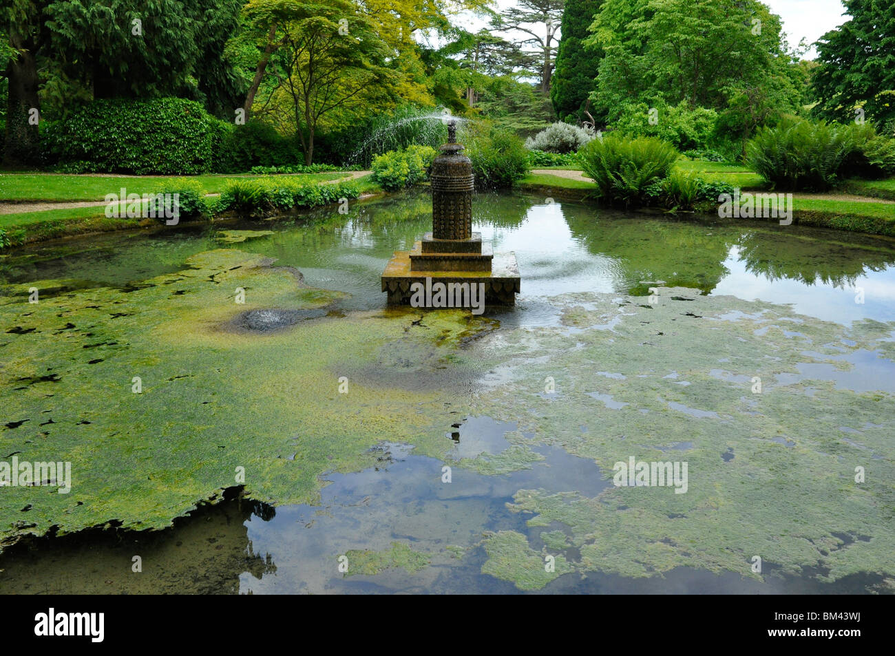 Sezincote piscina giardino e una fontana con felci e alghe galleggianti. Cotswolds, Gloucestershre, REGNO UNITO Foto Stock