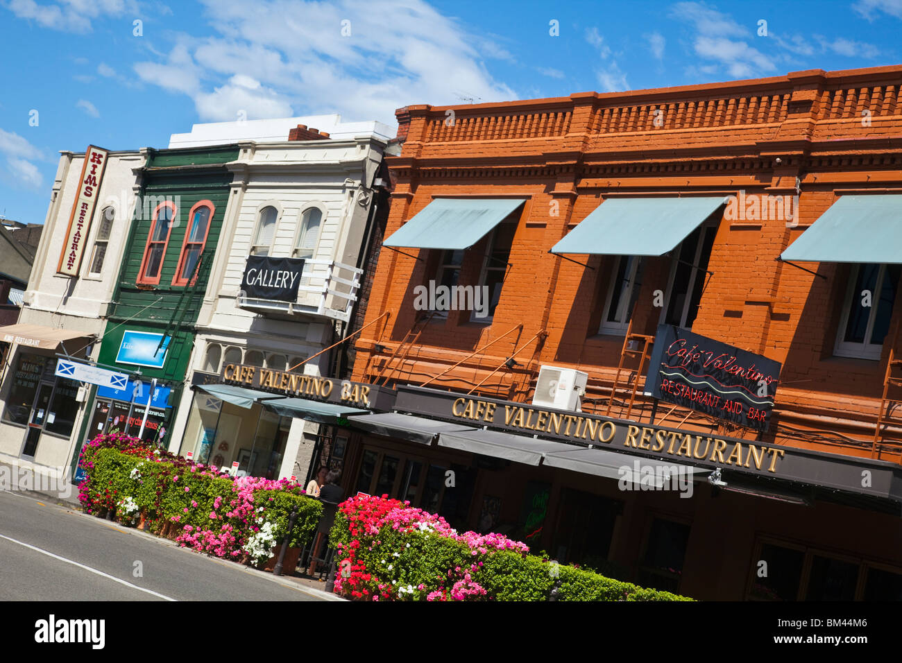 Caffè e ristoranti lungo Colombo Street. Christchurch, Canterbury, Isola del Sud, Nuova Zelanda Foto Stock