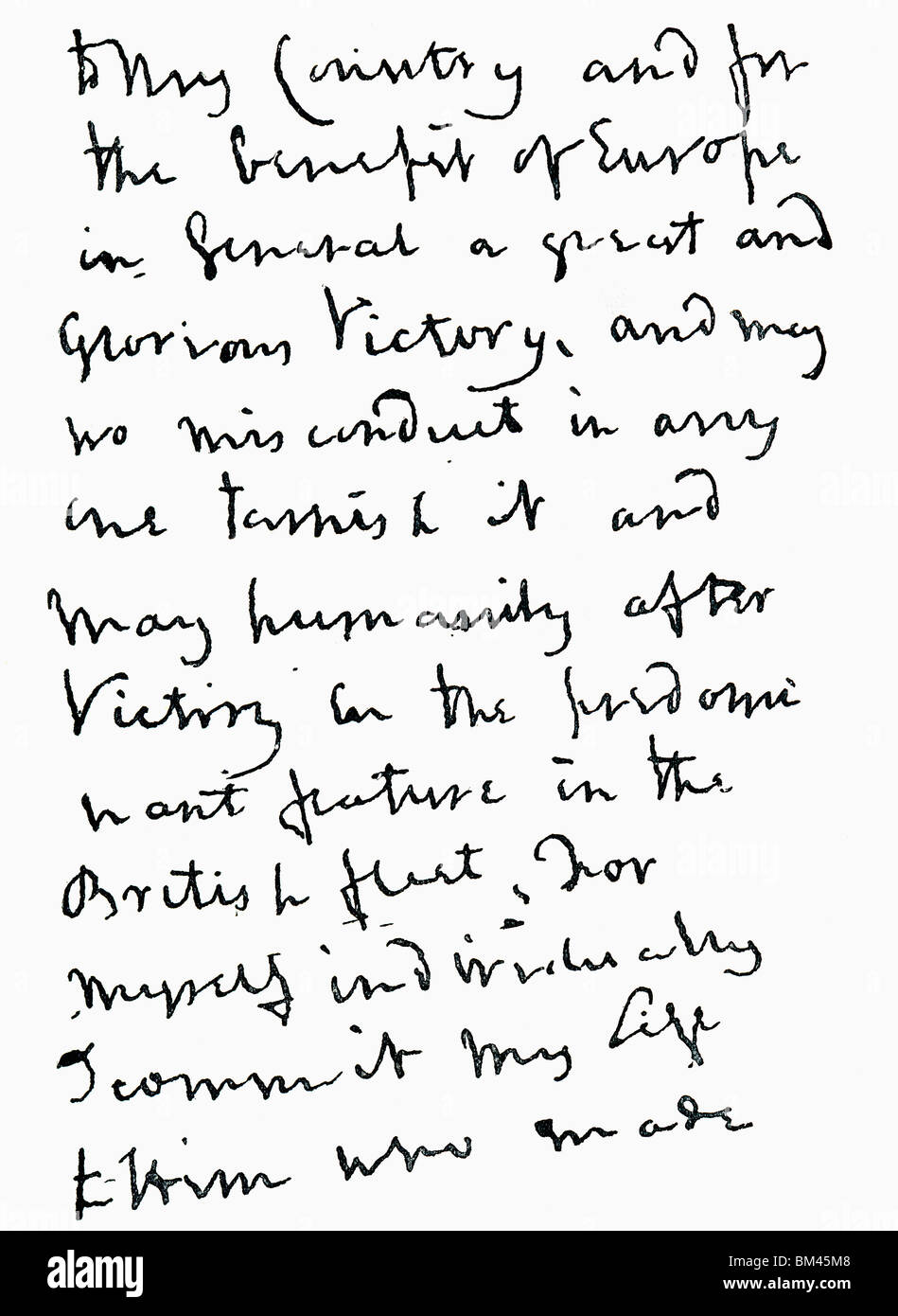 Parte della lettera scritta dall'ammiraglio Horatio Nelson appena prima della battaglia di Trafalgar. Foto Stock