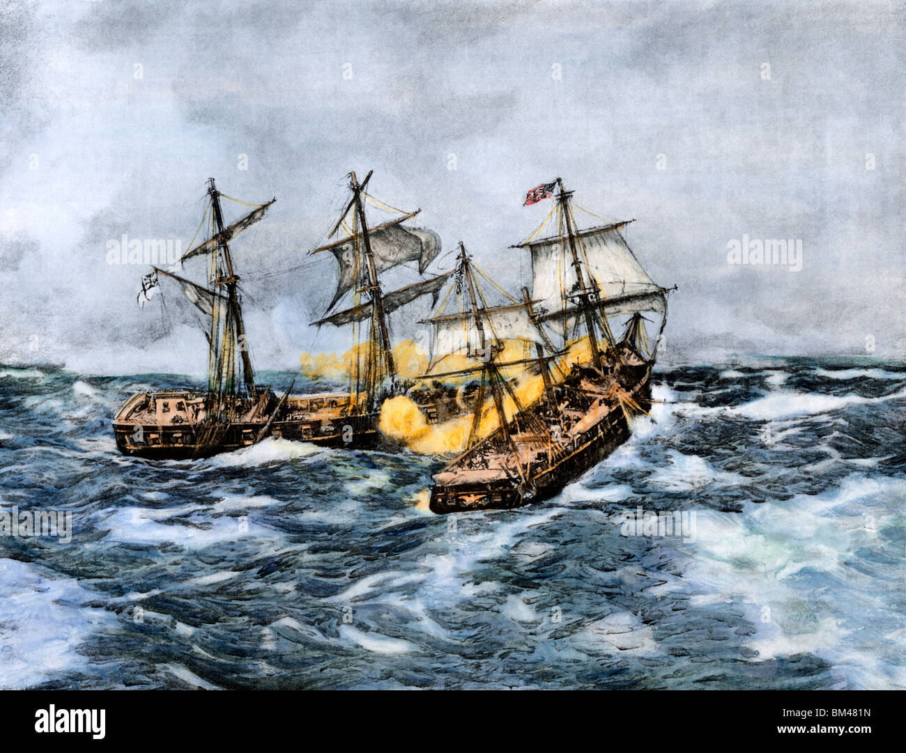 USS "Wasp' attraversa "Frolic' archetto e incendi a distanza ravvicinata, la guerra del 1812. Colorate a mano di mezzitoni una illustrazione Foto Stock