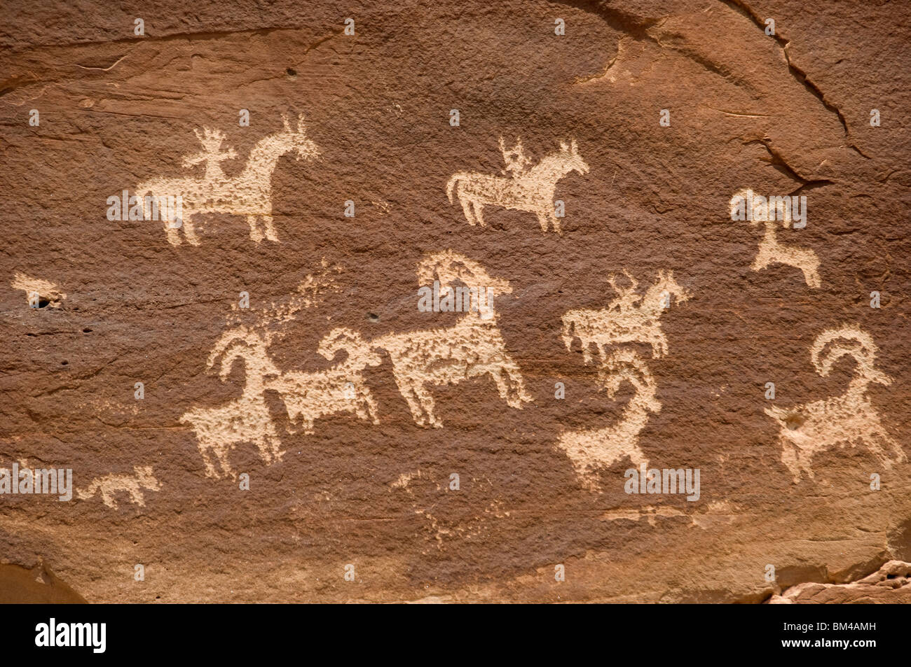 Petroglyph su roccia con pastori o cacciatori a cavallo con pecore o capre, Arches National Park, Utah, Stati Uniti d'America Foto Stock