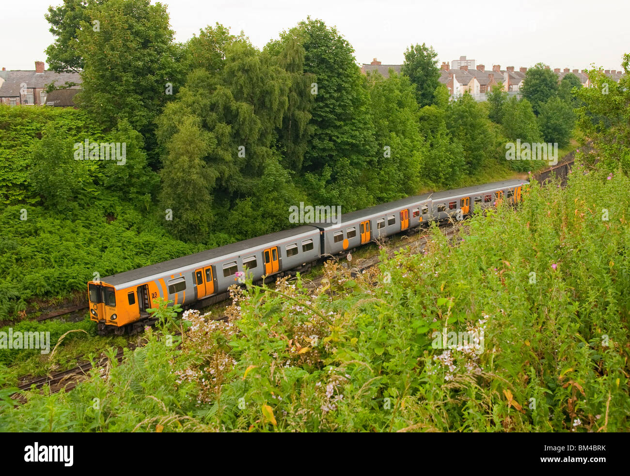 Treno crash de-railed Foto Stock