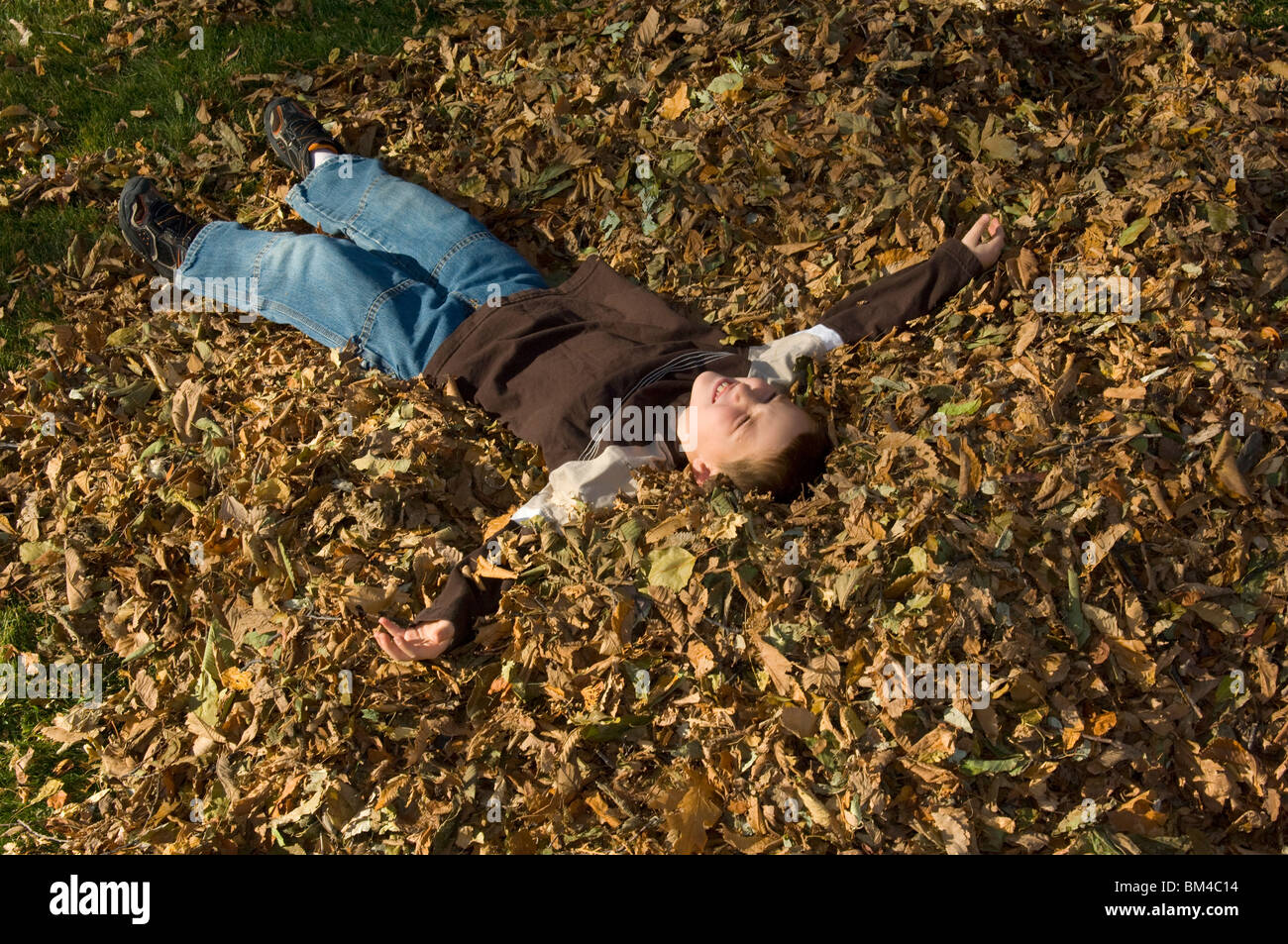 Ragazzo rilassante in un mucchio di foglie di autunno Foto Stock