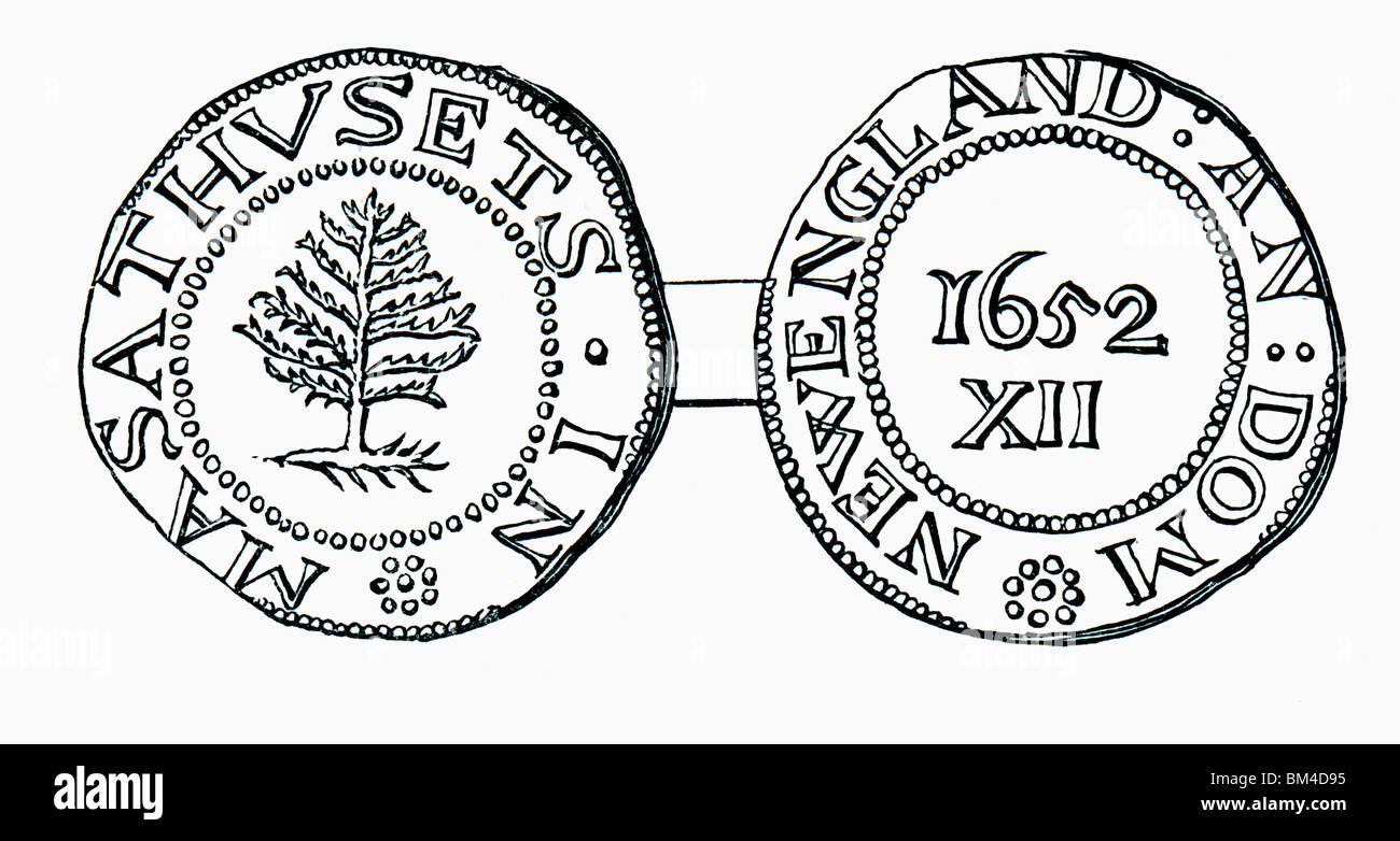 Il pino scellino, valuta nella provincia del Massachusetts Bay nel 1652. Foto Stock