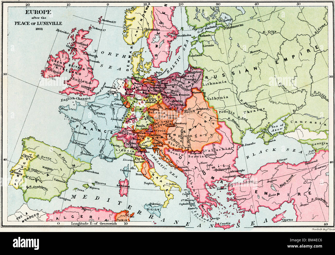 Mappa di Europa dopo la pace di Luneville, 1801. Foto Stock