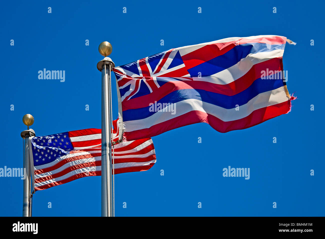 Bandiere delle Hawaii e USA, Big Island, Hawaii, STATI UNITI D'AMERICA Foto Stock