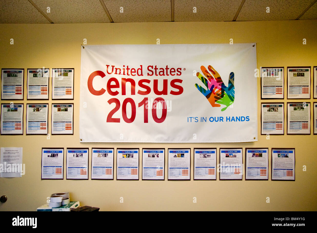 Un 2010 U.S. Poster di censimento circondato con riferimenti storici decora la parete di un'U.S. Census Bureau office in California. Foto Stock