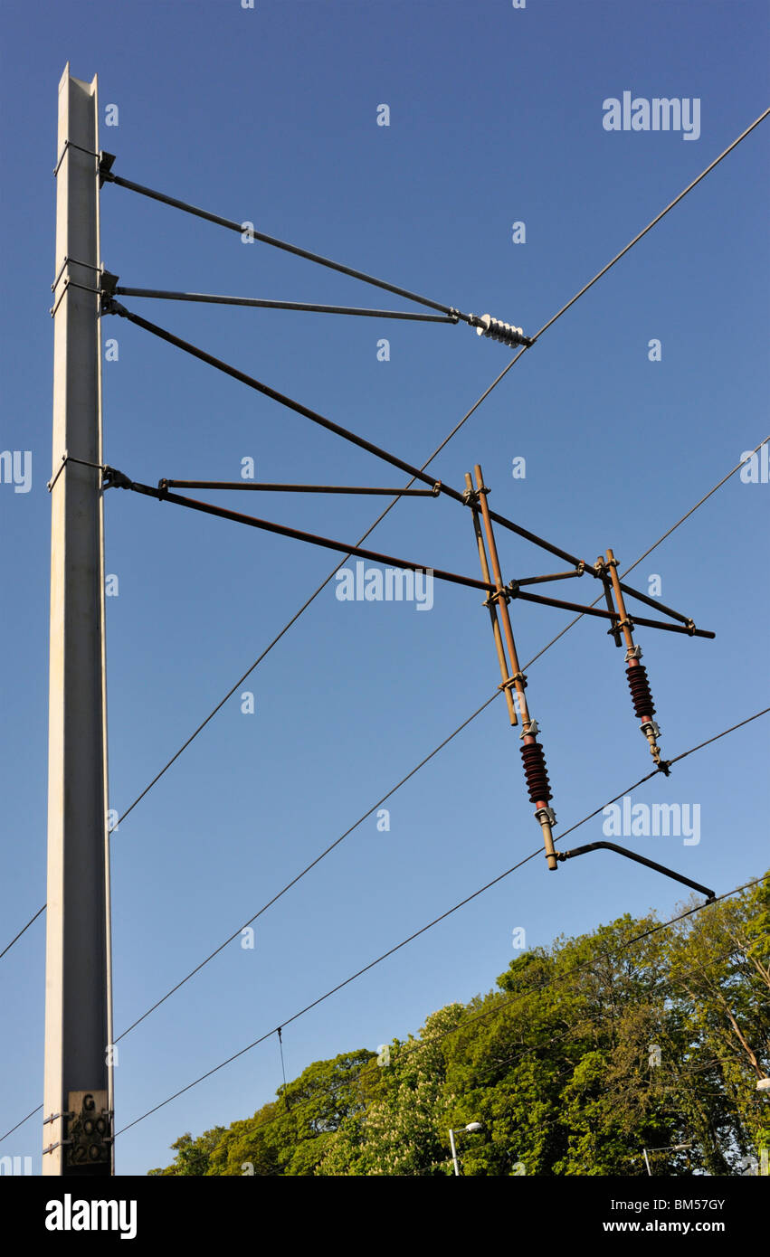 Linea elettrica aerea attrezzatura. La guida della rete, Linea principale della costa occidentale. Stazione Oxenholme, Cumbria, Inghilterra, Regno Unito, Europa. Foto Stock