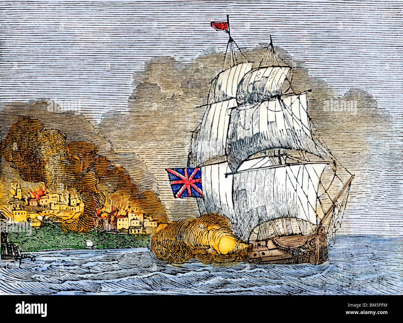 Fort McHenry e Baltimora sotto British artiglieria navale attacco, 1814. Colorate a mano la xilografia Foto Stock