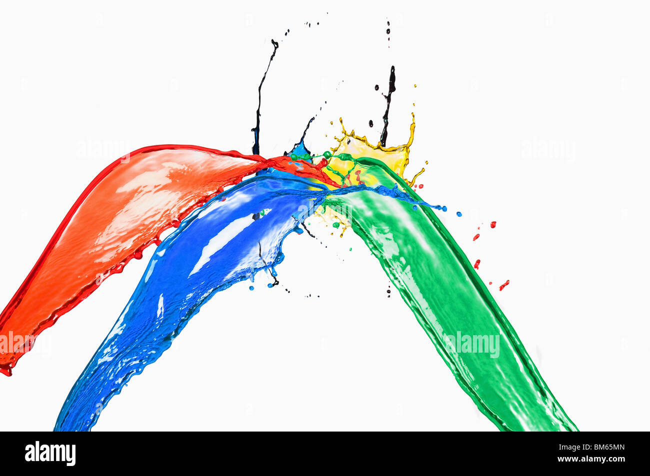 Splash di diverso colore vernici su sfondo bianco Foto Stock