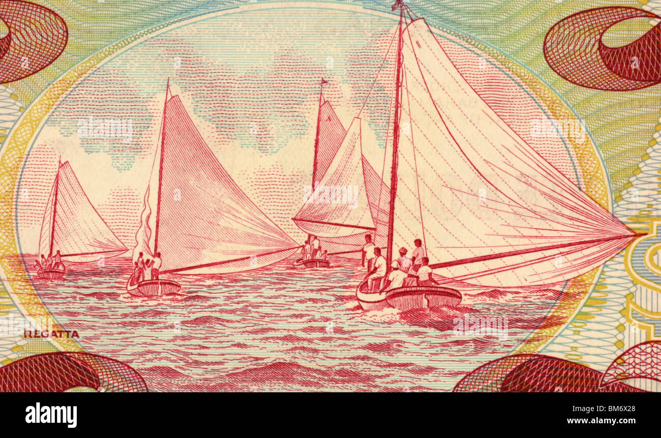 Boat Race su 3 dollari 1984 banconota da Bahamas. Foto Stock