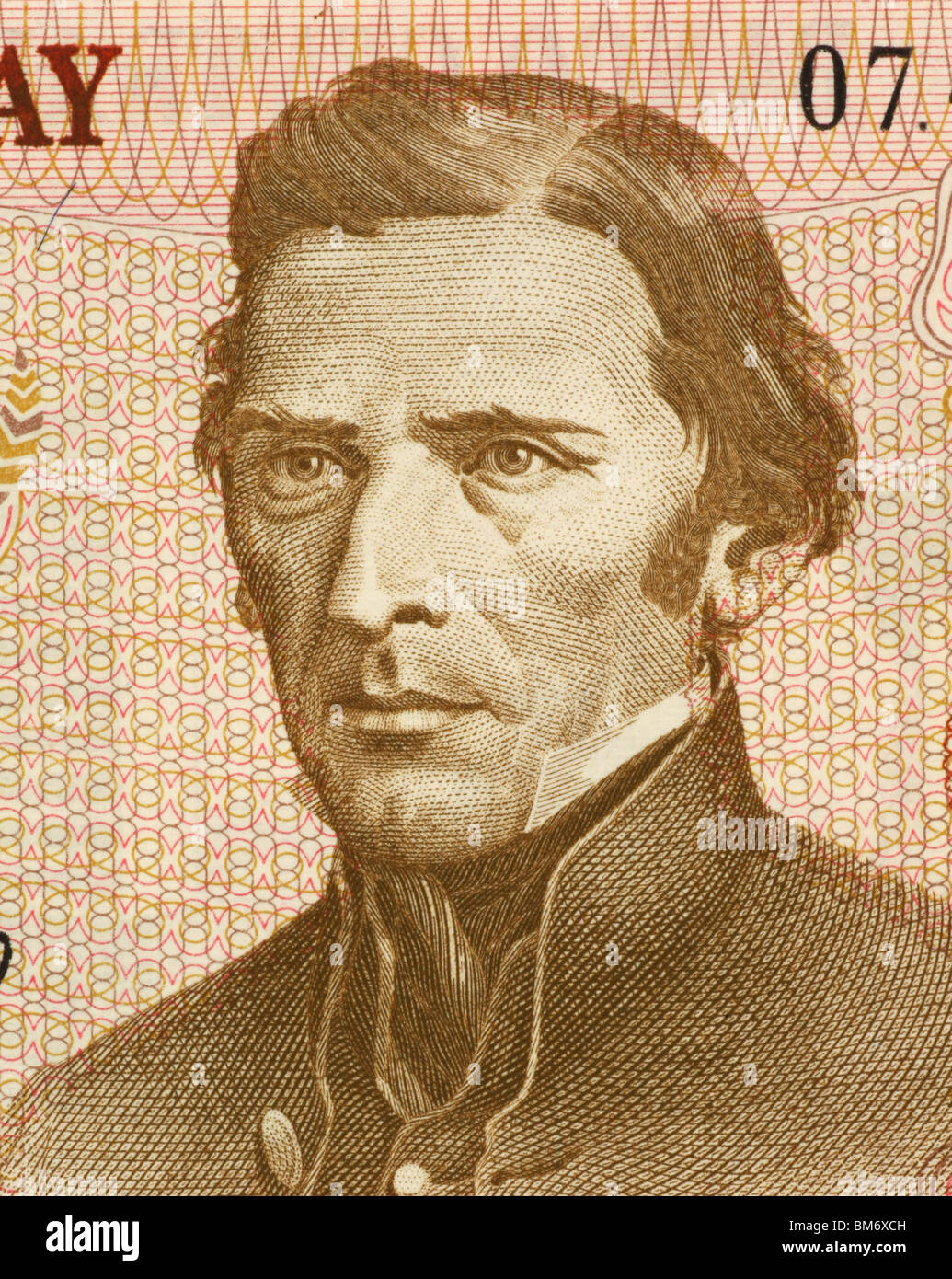 José Gervasio Artigas (1764-1850) il 5 Nuevos Pesos 1975 banconota dall Uruguay. Eroe Nazionale dell'Uruguay. Foto Stock